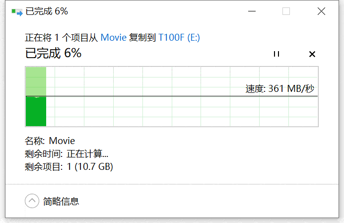 12gb的压缩包进行大文件读写测试,可以看到t100f的读写速度为401mb/s