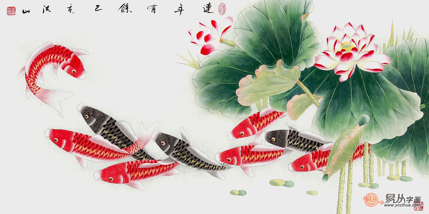 招财鲤鱼国画荷花鲤鱼九鱼图有什么寓意_易从网
