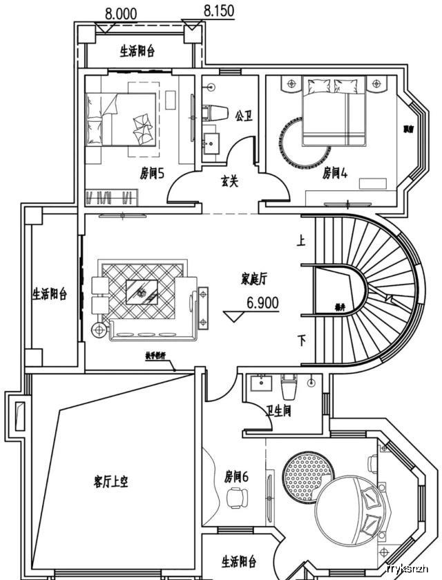 二层平面设计:四室两厅.(三卧室,一茶室)