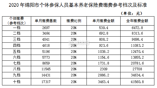 绵阳个体参保人员 2020年养老保险缴费标准出炉