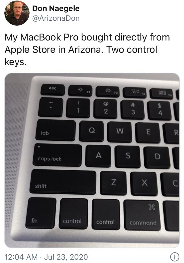 国外网友买到"错版"MacBook Pro,两个Contr