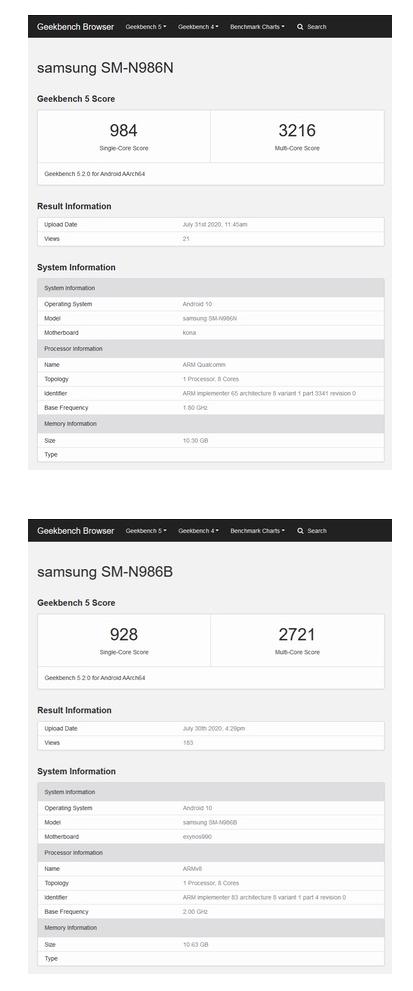 Note|三星Note 20 Ultra曝光，单双核成绩猎户座均跑不过高通骁龙
