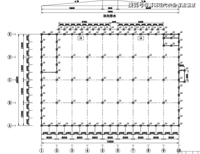 温室地基轴线布置图从上图我们能看到的信息是该建筑为农业轻钢结构