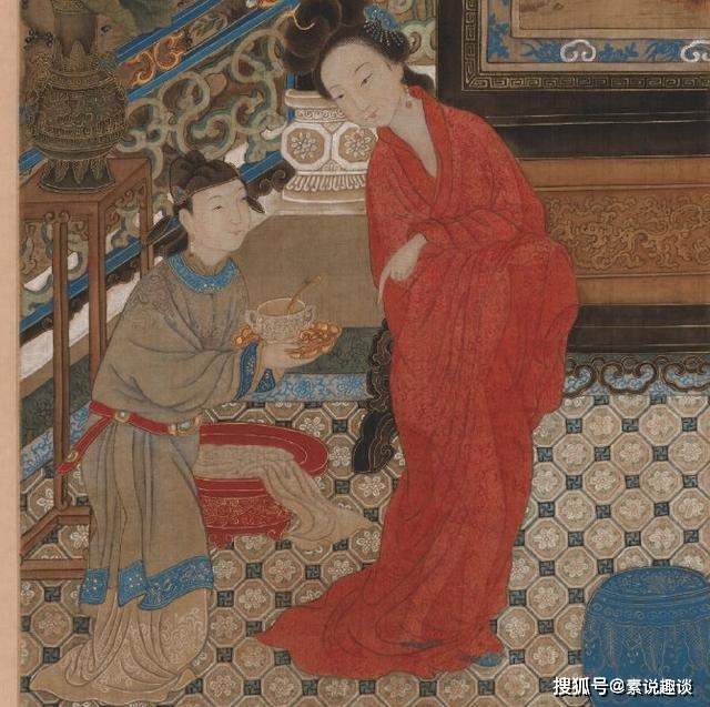 古画《杨贵妃出浴图》，仆人女扮男装，端着的