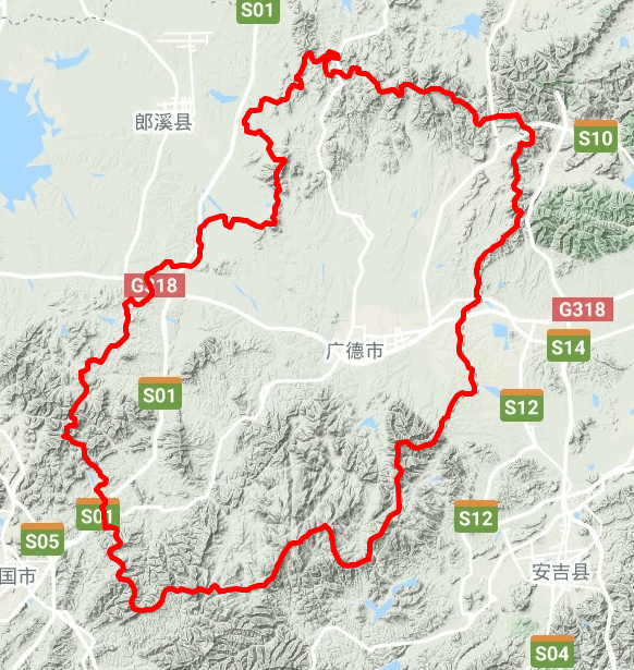 (广德市地形图) 广德市的县城驻地桃州镇,位于南部山地和中部岗地(或