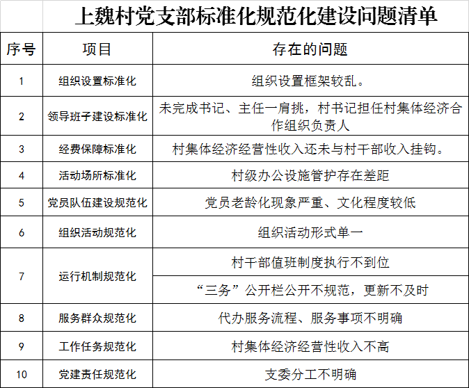 孔田镇上魏村党支部标准化规范化建设问题清单