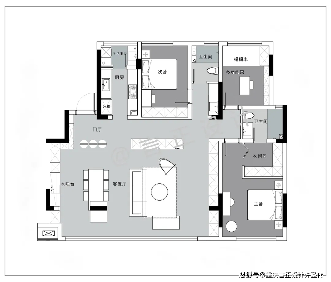 重庆室内设计工作室丨三室两厅,长虹玻璃,中西厨岛台安排上,客餐厅