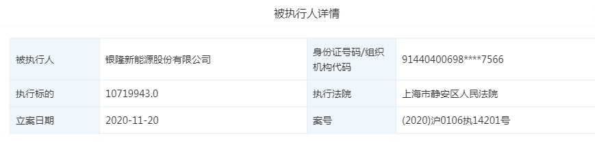 银隆新能源再成被执行人：执行标的超1000万
