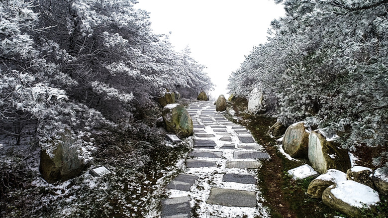 岳阳天岳幕阜山迎来雪景雾凇景观银装素裹美如画