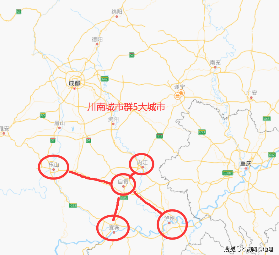 川南城市群5大城市城区面积比较:内江,自贡,宜宾,泸州,乐山