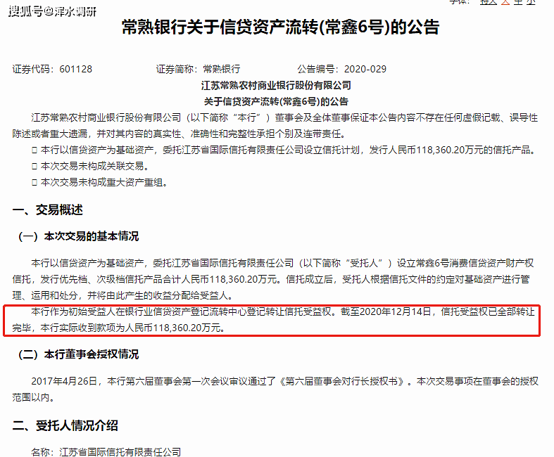 常熟银行三个月两次信贷资产出表，共入账超21亿