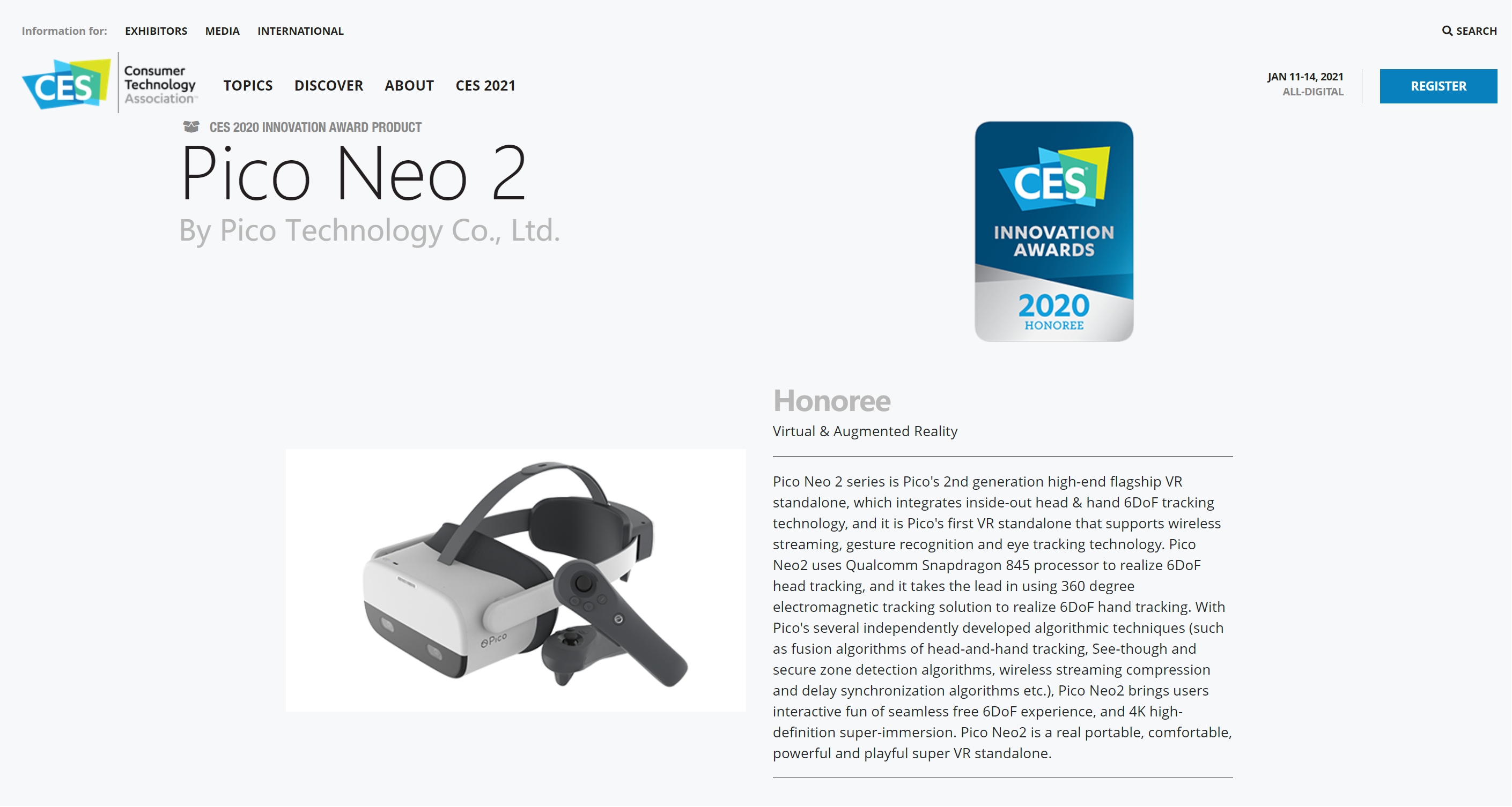 piconeo2eye助力vroreyedr斩获ces2021最佳创新奖
