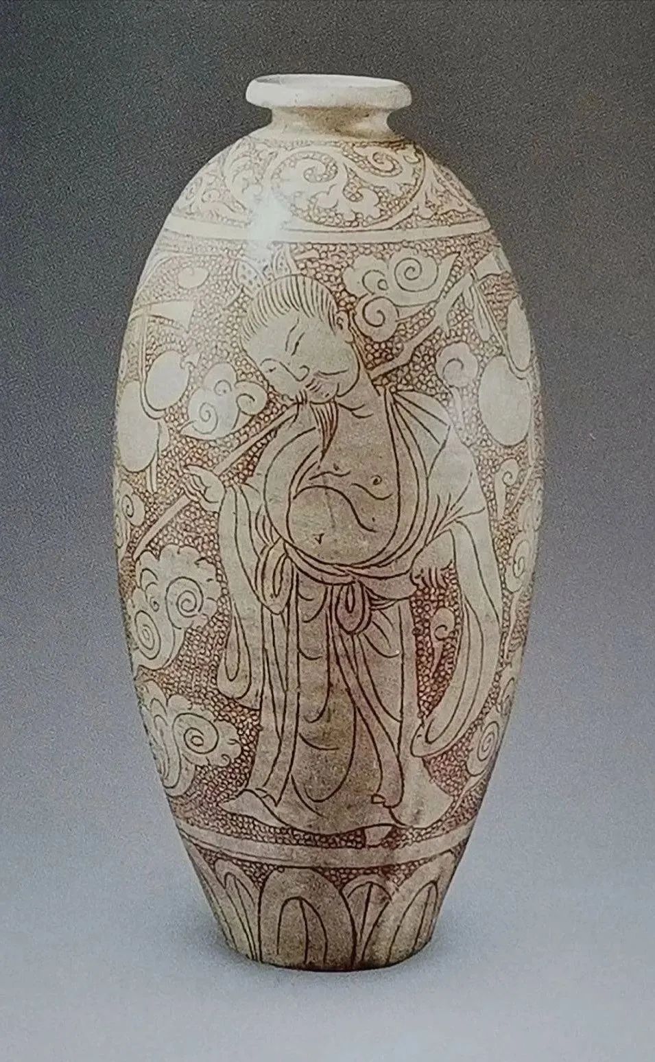 北宋 河南登封窑白釉珍珠地划人物图梅瓶 高38cm 美国波士顿美术馆