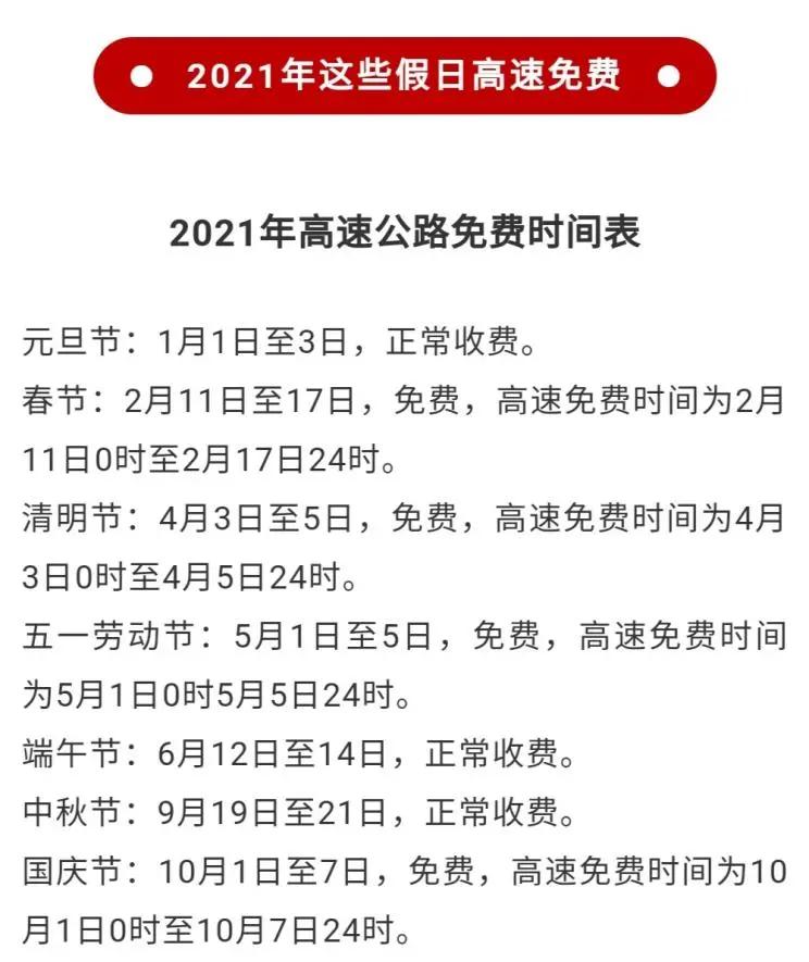 朵朵聊车丨2021年假期高速免费时间表出炉啦!