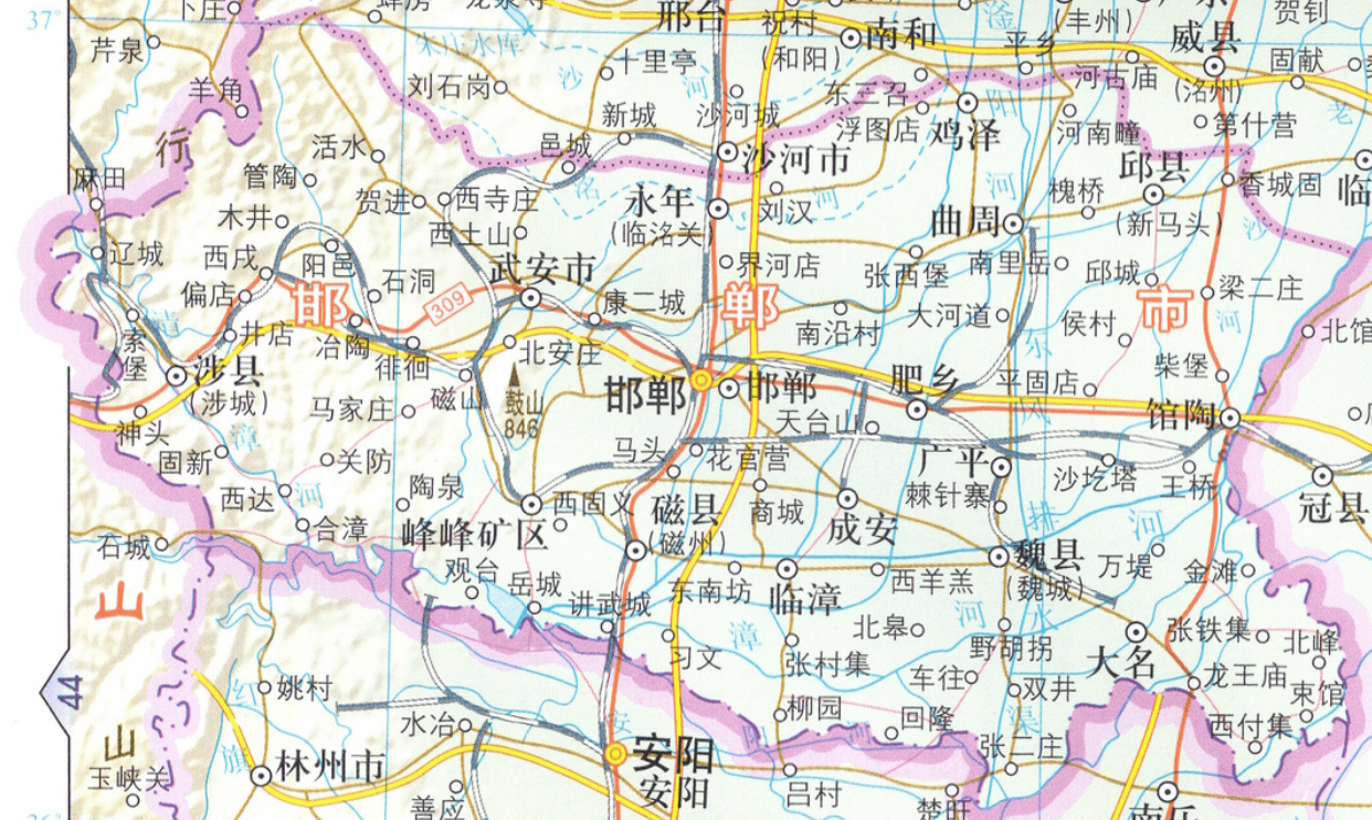 邯郸市地图,邯郸市东部的铁路将地方铁路和邯济铁路同时绘上