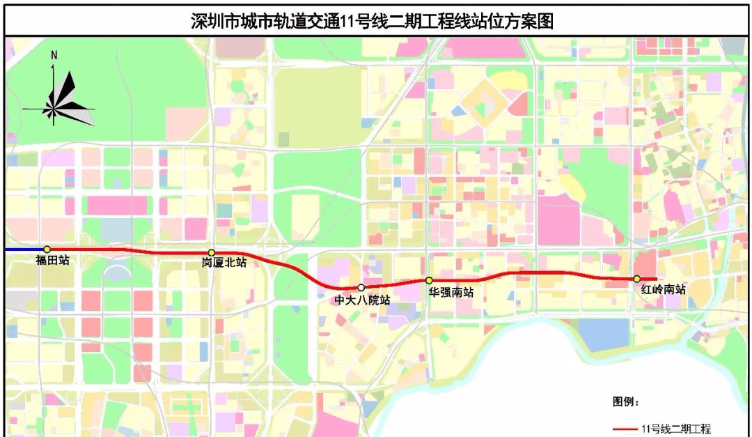 地铁11号线二期线路起自福田区福田站(不含),沿深南大道,福华路,南园