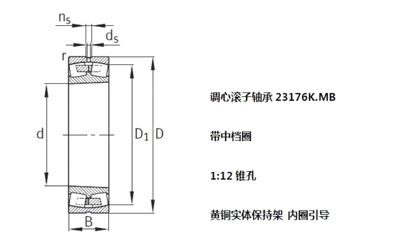 23176-k-mb调心滚子轴承的内孔带有1:12的锥度,保持架为内圈引导结构