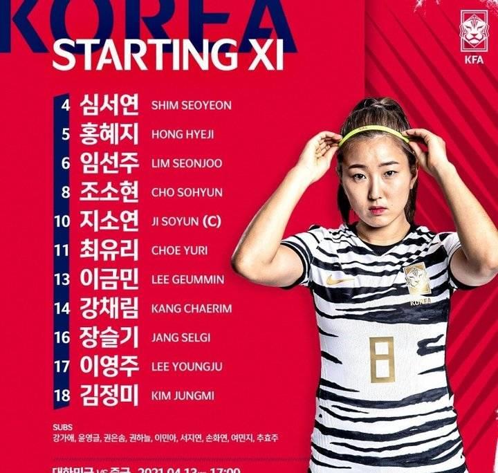 韩国女足首发:18-金正美,4-沈藇妍,5-洪慧知,6-任善株,8-赵昭贤,10