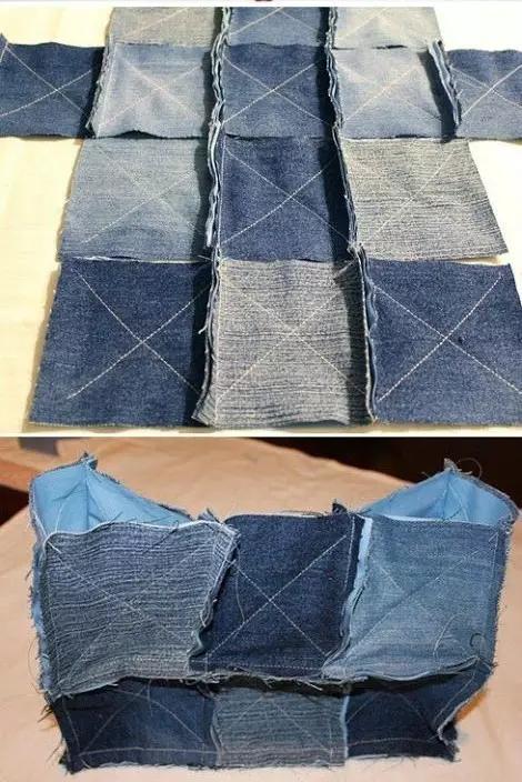 还可以将牛仔裤剪成方形 再缝起来组合成包包