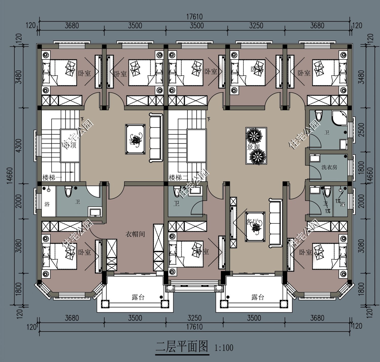 农村宅基地开间17米,进深16米,建兄弟双拼房,怎么设计