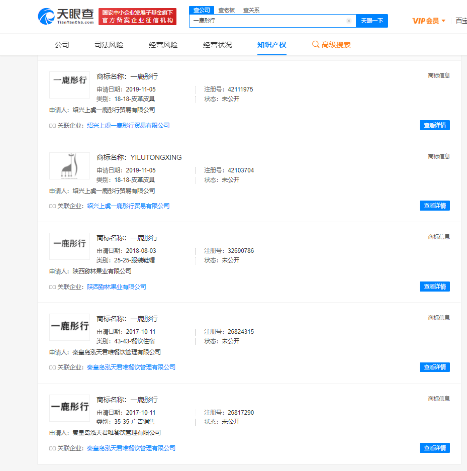 天眼查app显示,"一鹿彤行"商标被抢注
