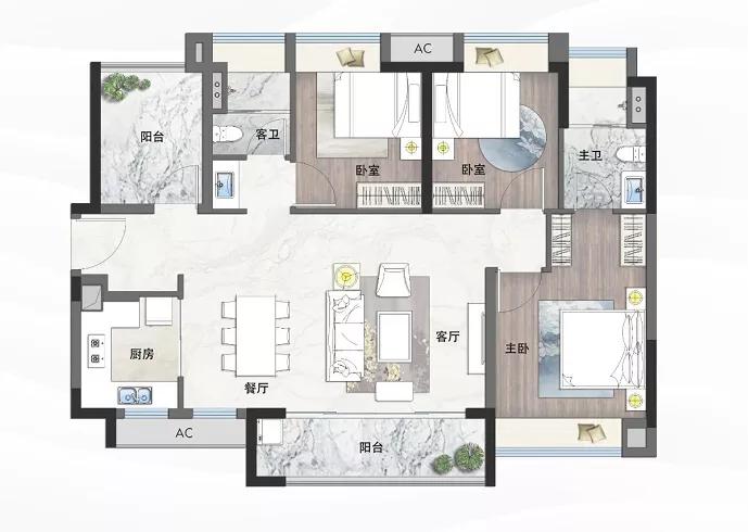 89平三房户型图 再看看 109平四房户型,采用的约6米横厅设计,再加上和