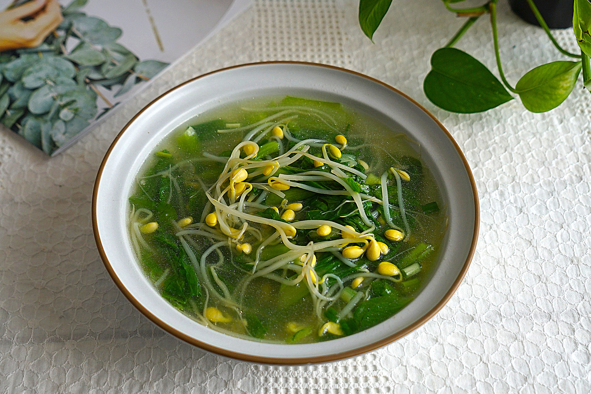 四,黄豆芽小白菜汤儿子平时喜欢吃清淡一点的蔬菜汤,这道豆芽小白菜汤