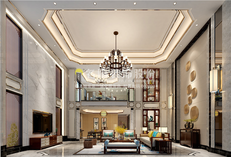 名雕装饰丨550平新中式别墅设计,挑空客厅设计感十足