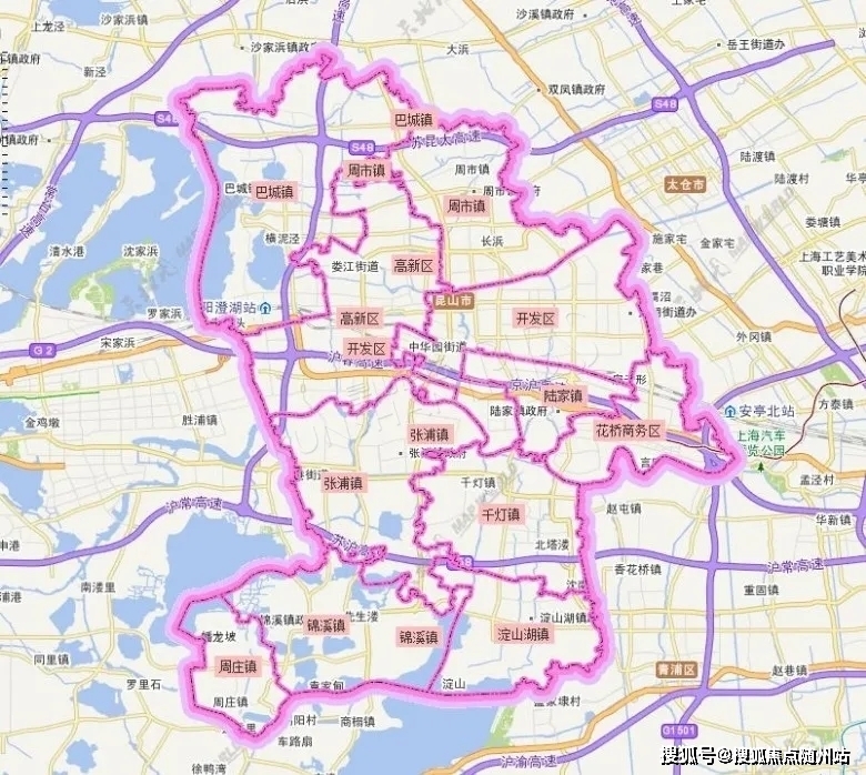 昆山板块图:花桥,千灯,淀山湖是临沪三镇