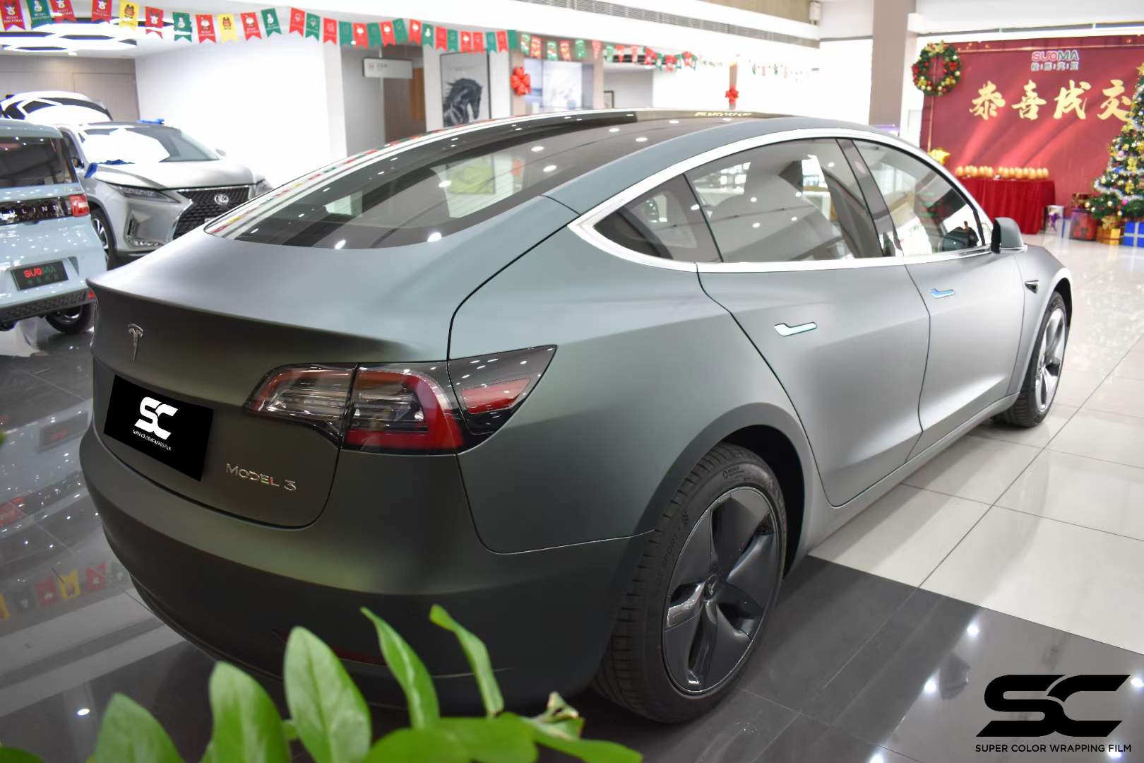 特斯拉model3全车sc改色膜超亚墨绿