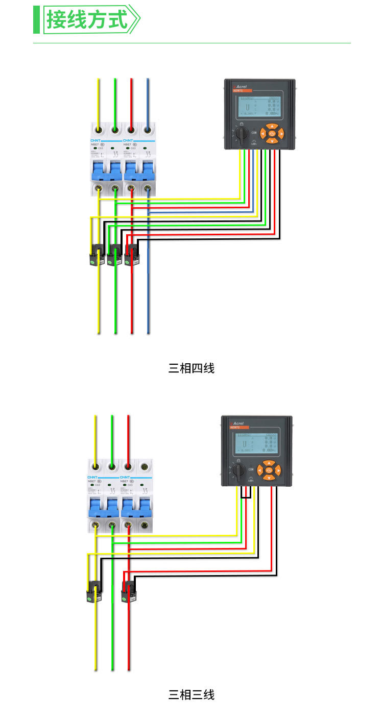 线经电压电流互感器接入和三相三线经电流电压互感器接入四种接线方式