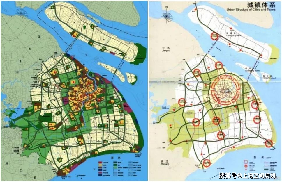 2000 版上海市城市总体规划之城镇体系规划图(左图)与一城九镇示意图