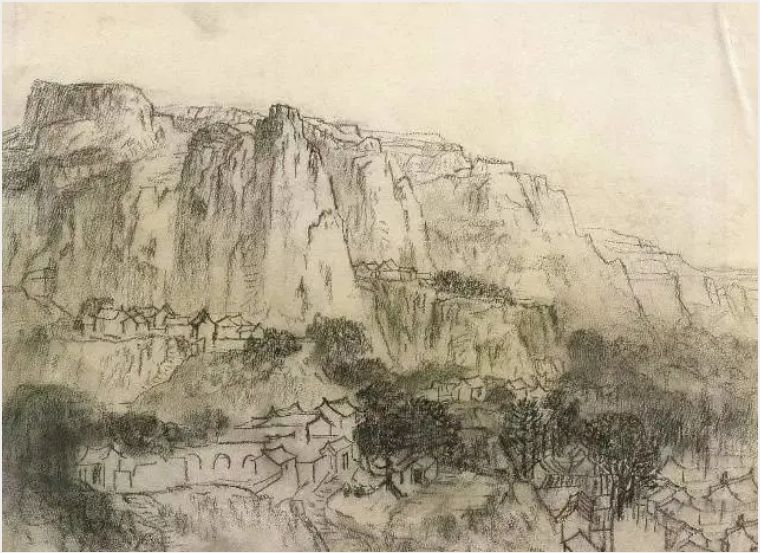 《巩县康店风景》素描 39.5x54.3cm 1973年作