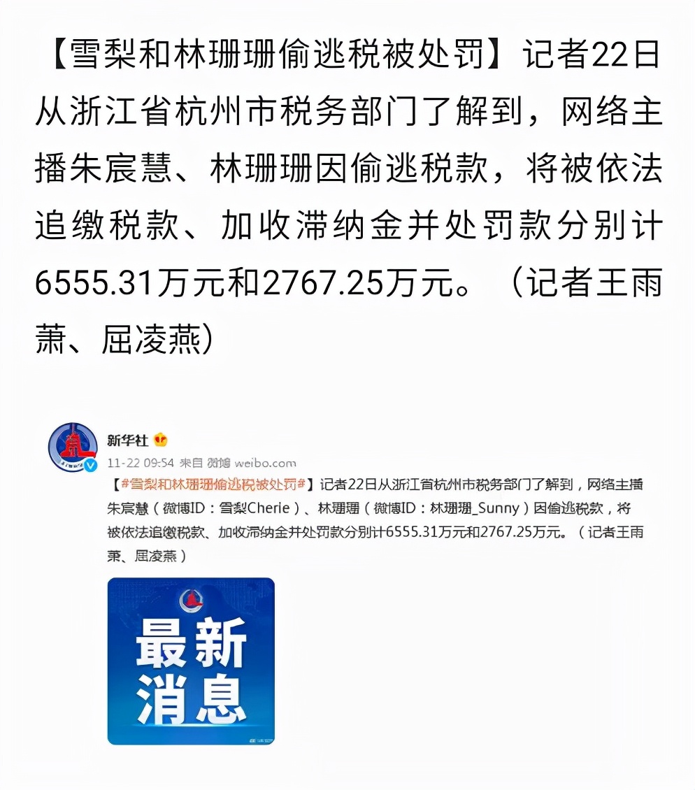 今早 网红主播雪梨因逃税被罚6555万