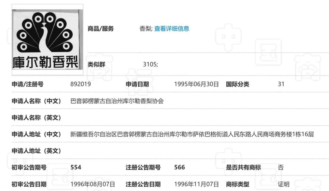 库尔勒香梨商标信息.图片来源:中国商标网