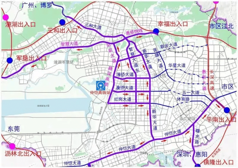 潼湖出口进入仲恺,经新华大道,智慧大道可达; 路线2:通过s6广龙高速