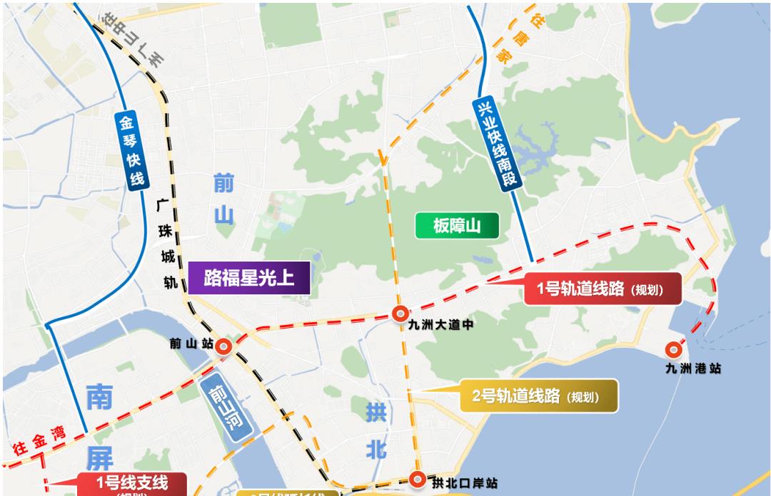 项目南起珠海拱北口岸站,往北沿迎宾路,与珠海地铁1号线在九洲大道中