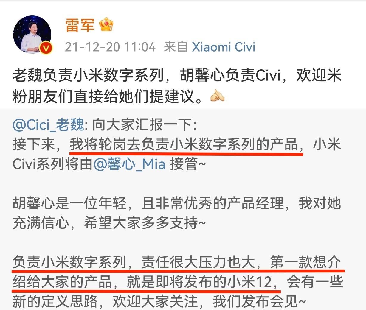 此前,老魏曾负责小米 cc 和 civi 等多款主打女性市场的产品,此次直接