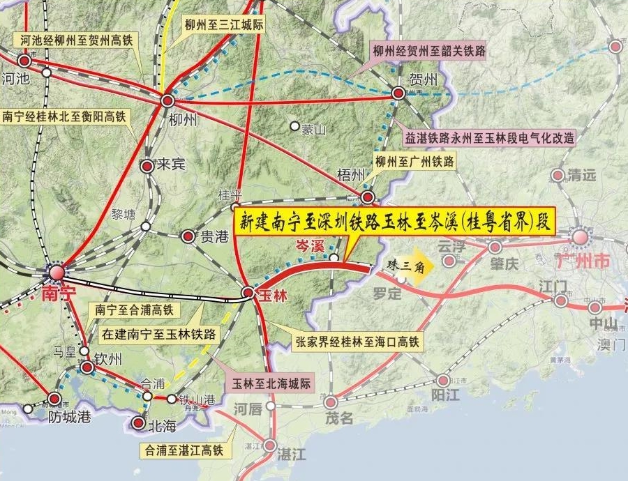 线路自玉林北站引出,经北流市,容县,岑溪市至桂粤省界,预留向东延伸至