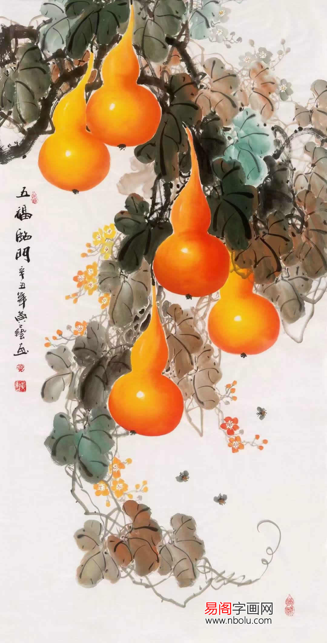 葫芦画一般都画五个葫芦,代表"五福临门,增寿,降瑞,除邪,保福,挂在家