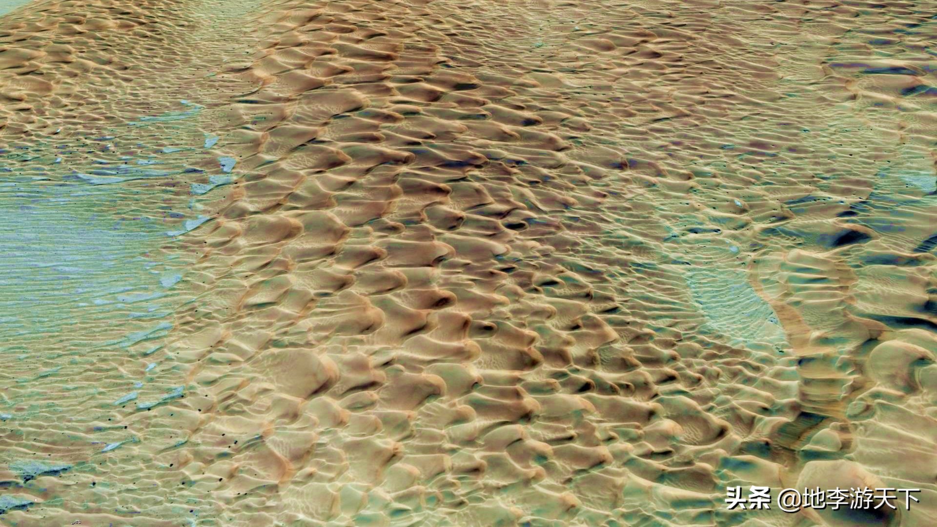 蜂窝状沙丘是沙漠中常见的一种沙丘类型,这一片沙丘群中,最小的仅数米