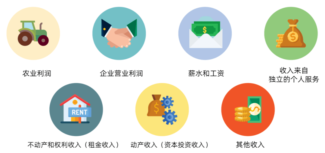农业利润、企业营业利润、薪水和工资、收入（来自独立的个人服务）、不动产收入（租金收入）、资本投资收入