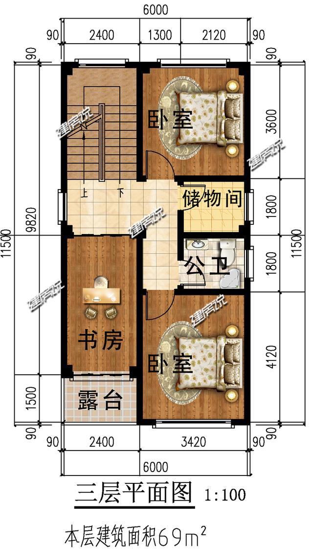 60平米自建房三层,60平方米住宅设计图 三层:2个卧室,书房,洗手间,储物间,阳台