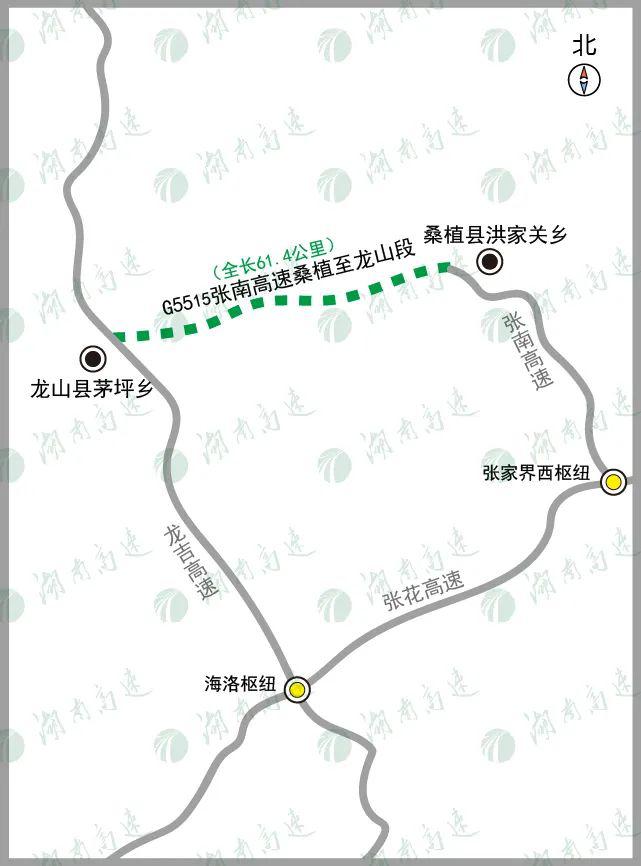 接已建的张家界至桑植高速公路,经陈家河镇,上河溪乡后,进入龙山县,经