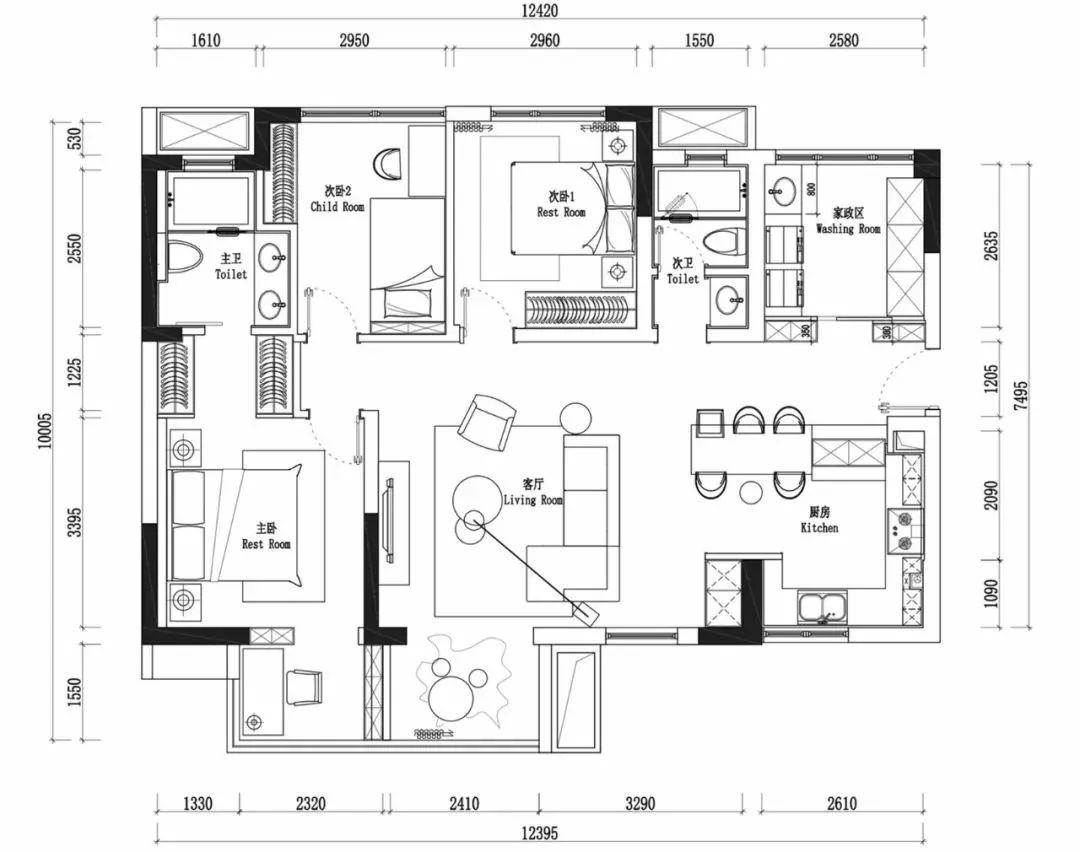 建筑面积100平米的简约风三居室案例,设计师以无沙发背景墙,开放式