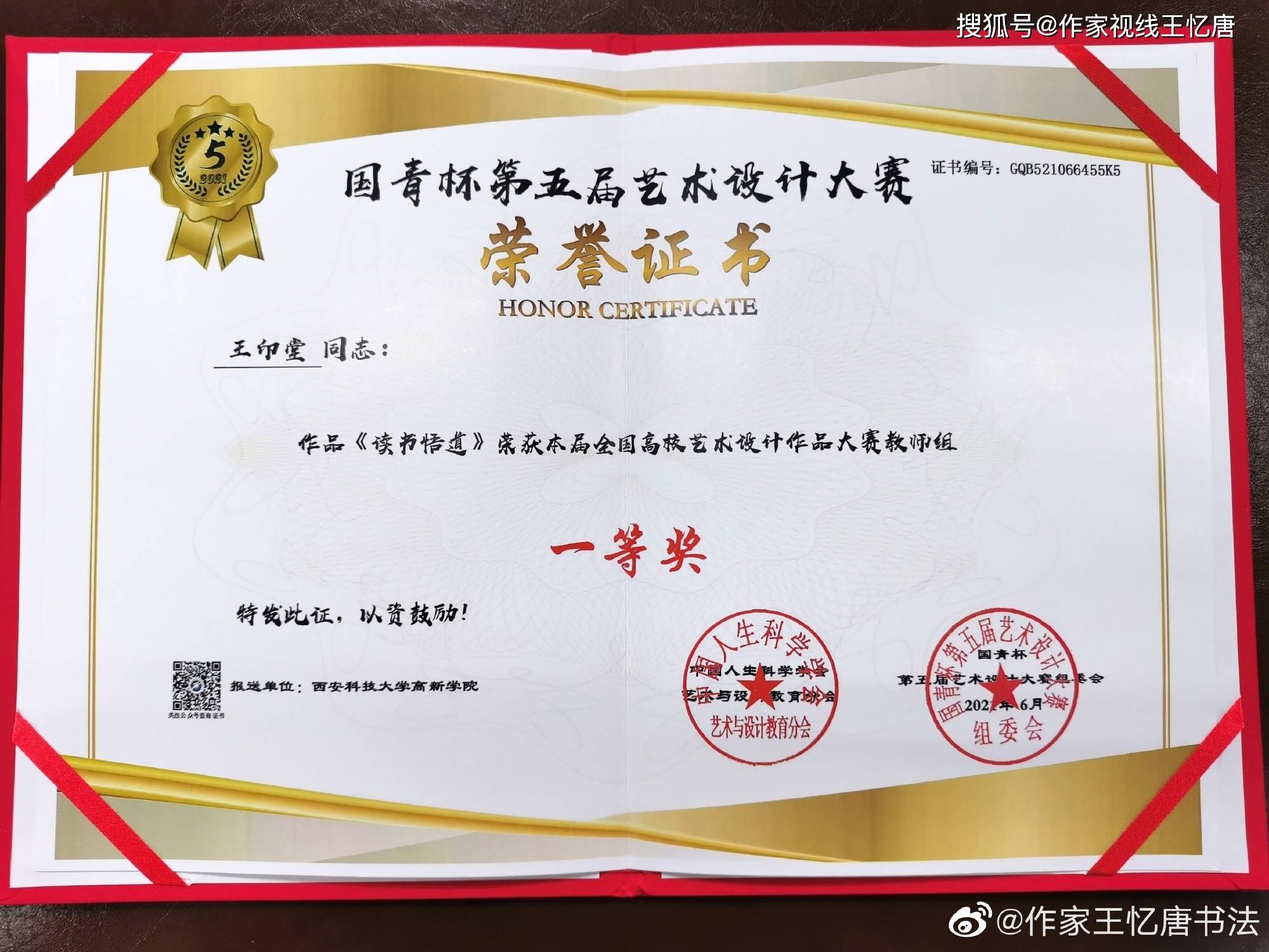 高新学院王印堂(王忆唐)老师获"国青杯"高校艺术设计大赛两个一等奖