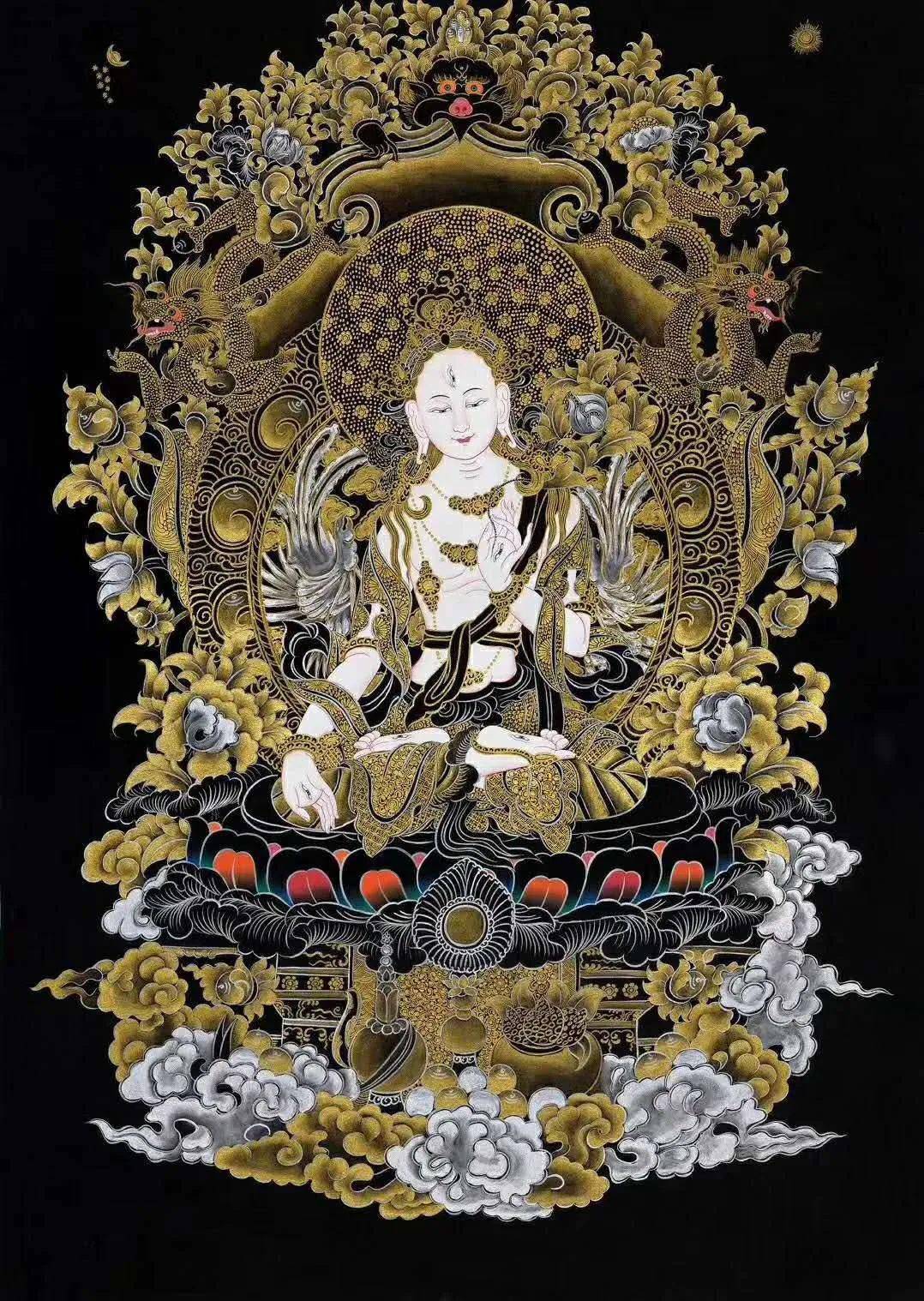 经典黑金唐卡,喇嘛颂经亲工【白度母】