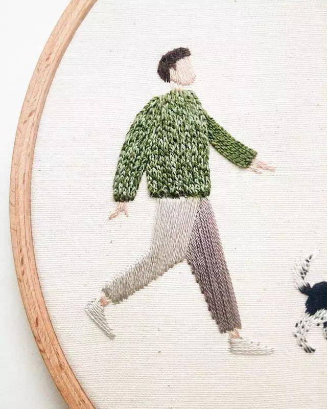 情侣与狗狗创意刺绣 手工diy作画 生活的惬意