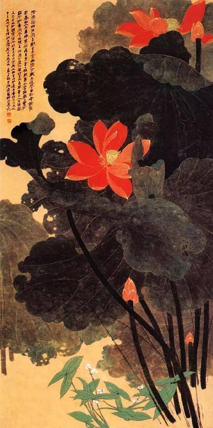 张大千《红叶小鸟》