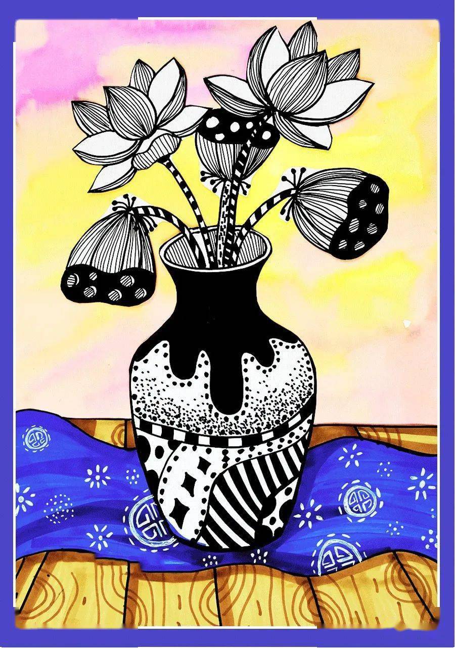 教程|创意线描--花瓶里的夏日荷花和莲藕_画面